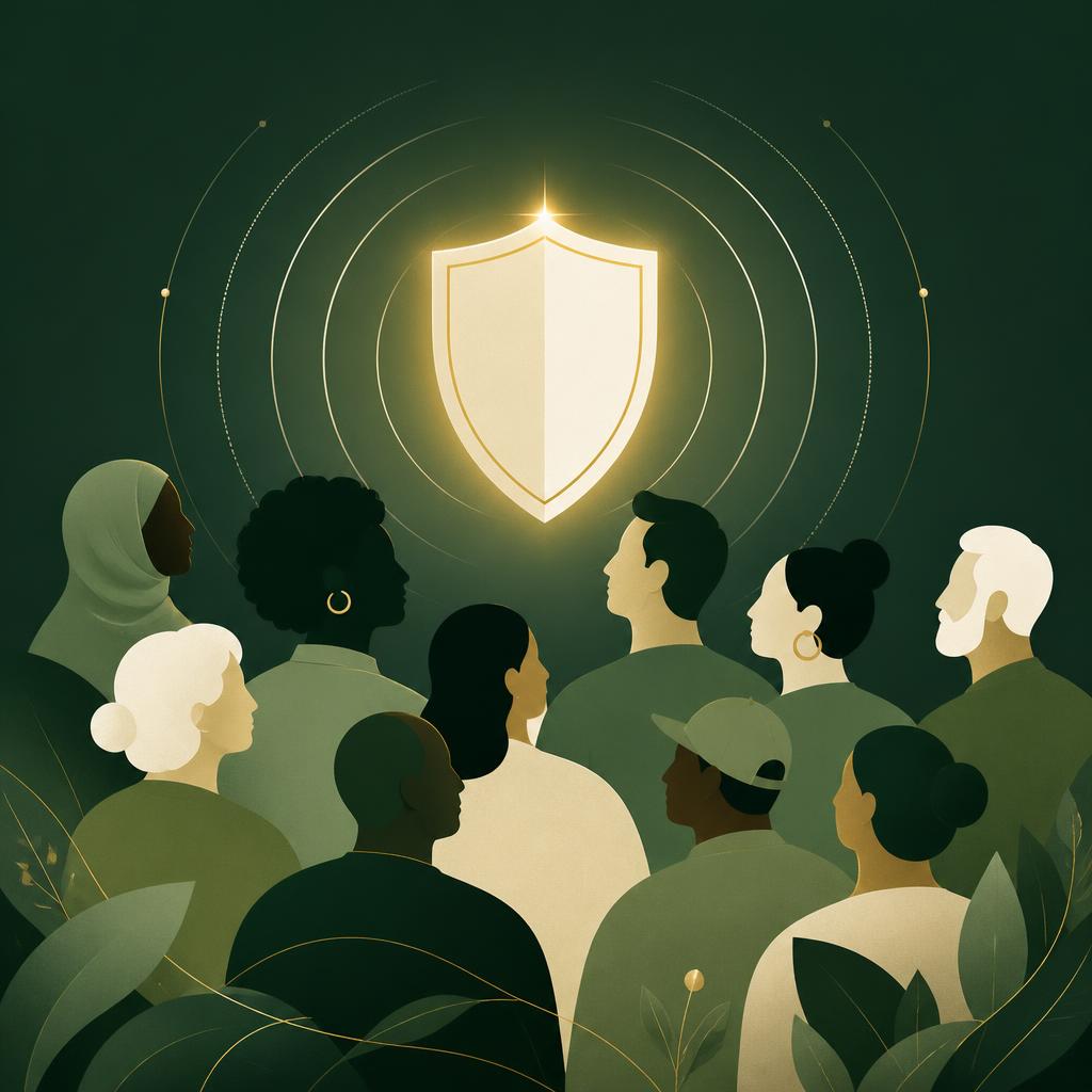 Citizens gathered under a shield representing trust